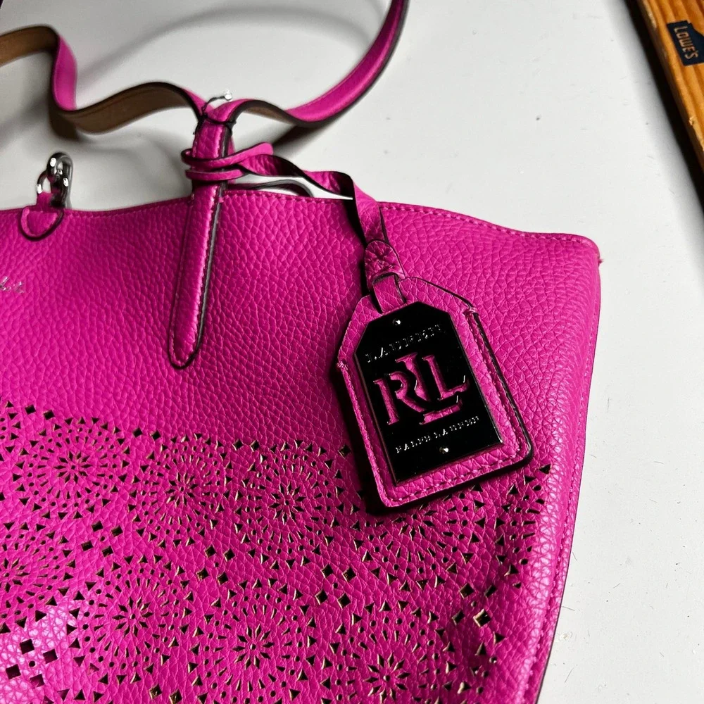 Lauren Ralph Lauren Pink Laser Cut Leather Tote Bag with Gold Interior & Pouch